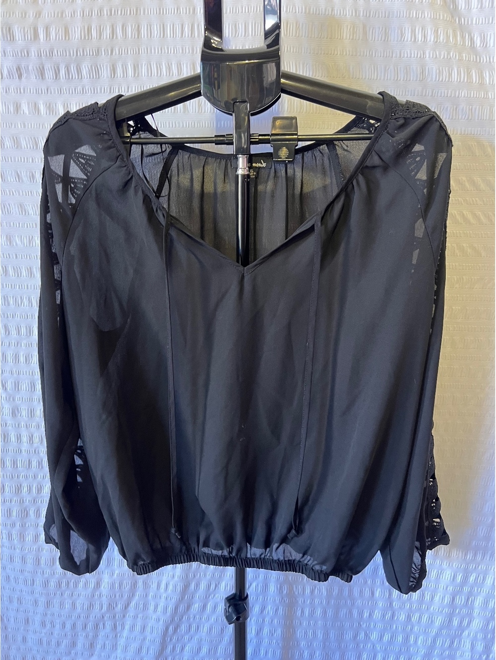 Haute Monde Black Blouse XL Sheer Lace Openwork Sleeves Boho Romantic